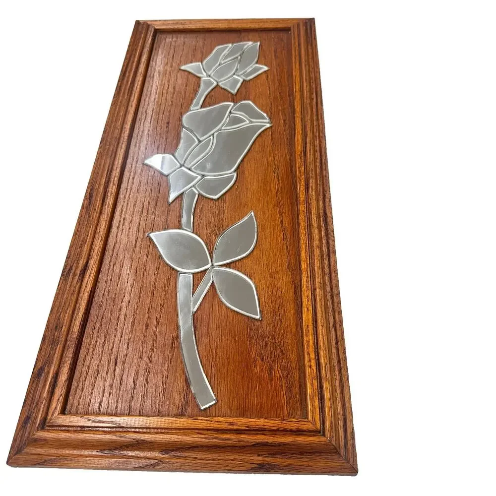 Vintage 70s Mirror Rose Wood Wall Art Panel Retro Glass Mosaic Plaque Boho 1980s